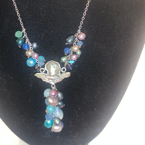 VINTAGE UNWORN STERLING SILVER CHERUB ANGEL  MULTI PEARL NECKLACE - Picture 6 of 10
